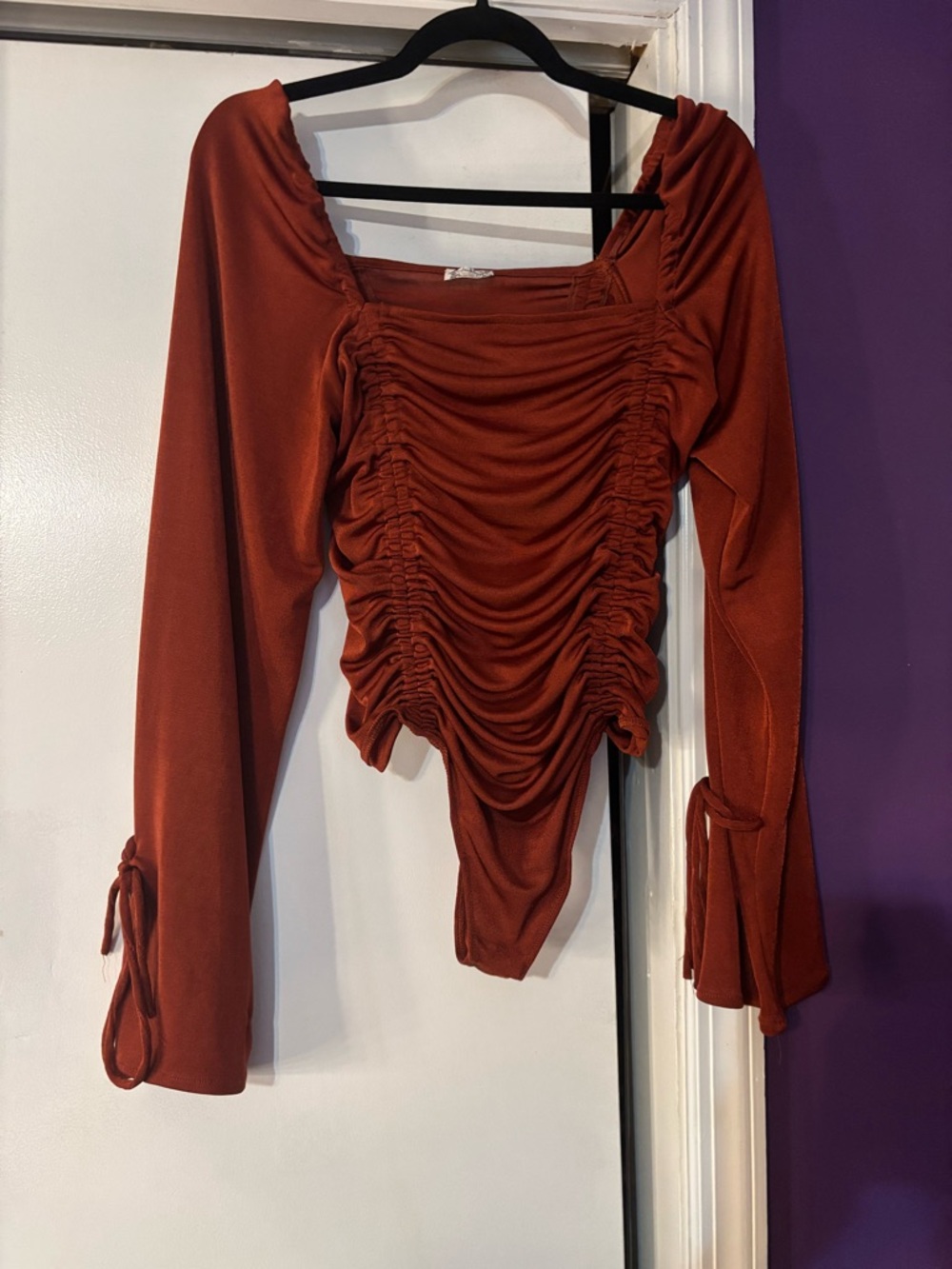 Free People Ruched Long Sleeve Scoop Neck Bodysuit in Rust
